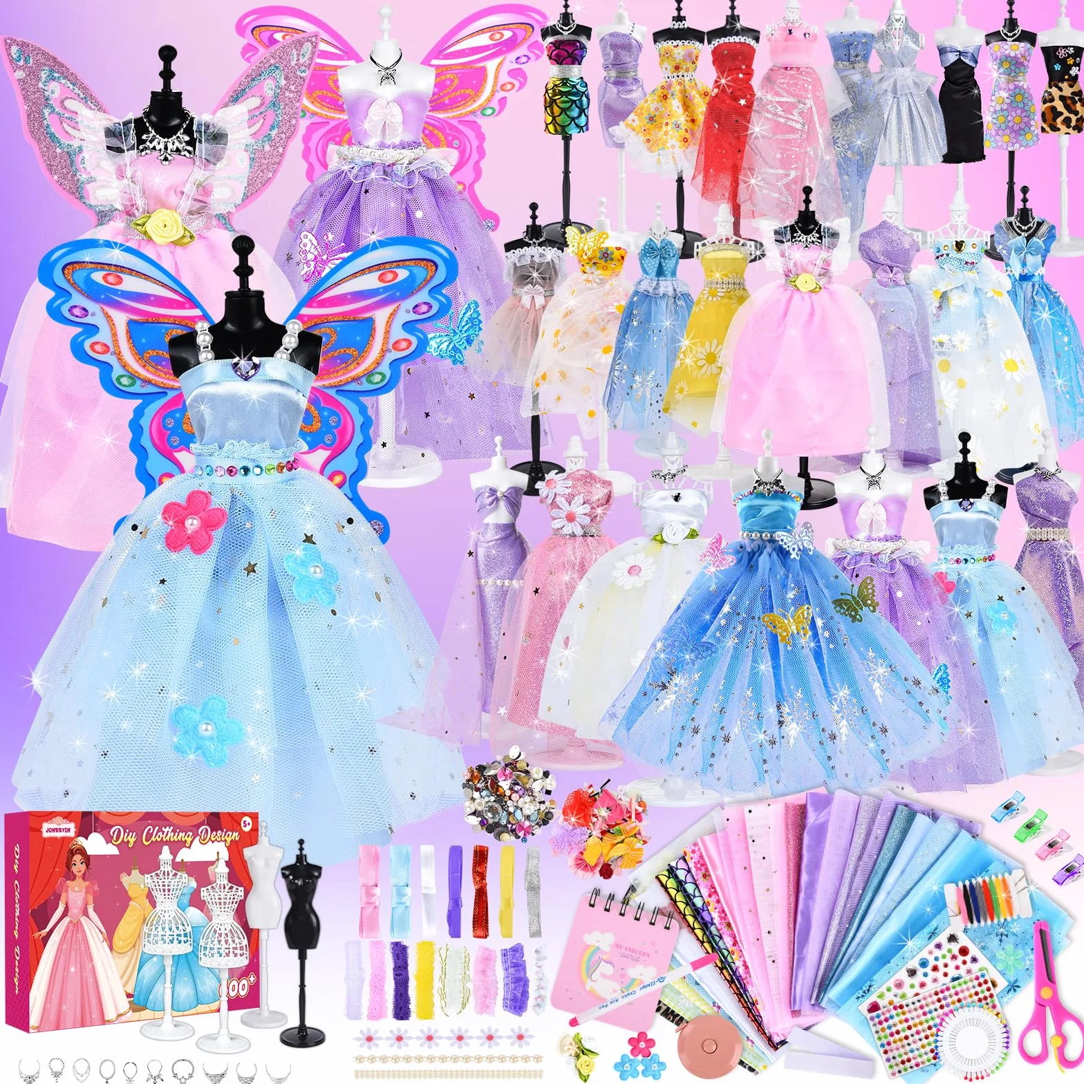 JONRRYIN Fashion Designer Kit, 600+ Kit di Design di Moda per Ragazze, Kits da Cucito per Bambini con 2 Manichini, Arte e Artigianato Creativo Design Moda per Bambine 8 9 10 11 12 Anni
