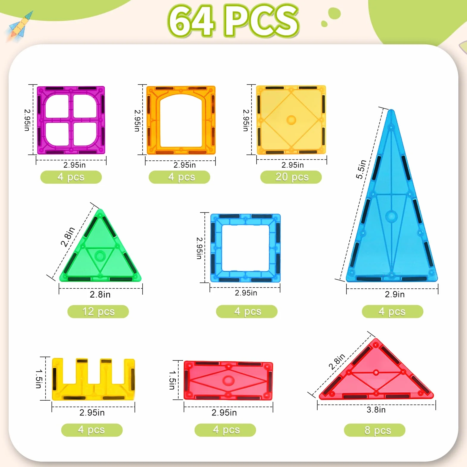 Katiago Costruzioni Magnetiche Bambini, 64 Tessere Magnetiche Colorate di 3 4 5 anni Blocchi Magnetici per Bambini Regalo di Compleanno Costruzione Giocattoli Montessori per ragazzi e ragazze