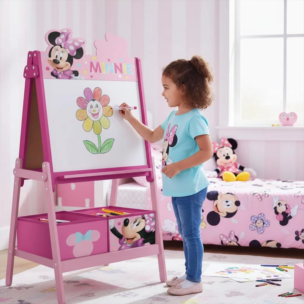ARDITEX - Lavagna per bambini di Disney Minnie Mouse con doppia superficie per gessetti e pennarelli e 2 contenitori in tessuto per riporre oggetti - 54x45x117cm - Contenitori da 24x30x15cm - rosa
