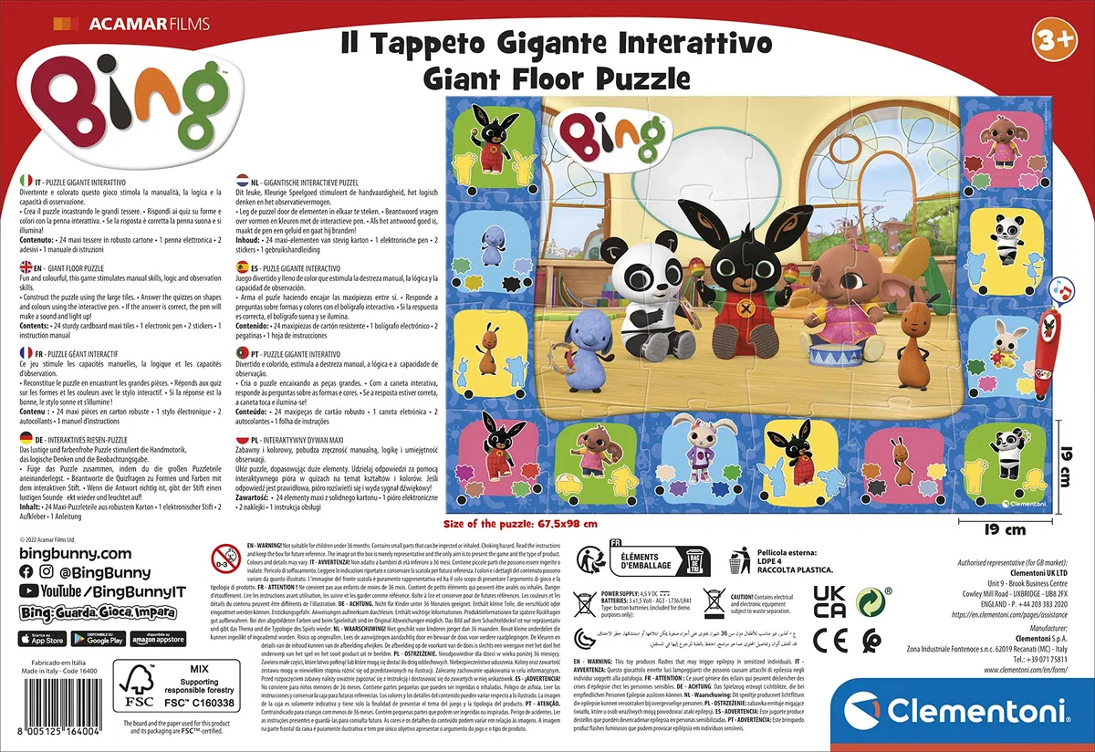 Clementoni Bing-Il Tappeto Gigante Puzzle Bambini 24 Maxi Pezzi con Penna Interattiva, Gioco Educativo 3 Anni-Made in Italy, Multicolore, 16400
