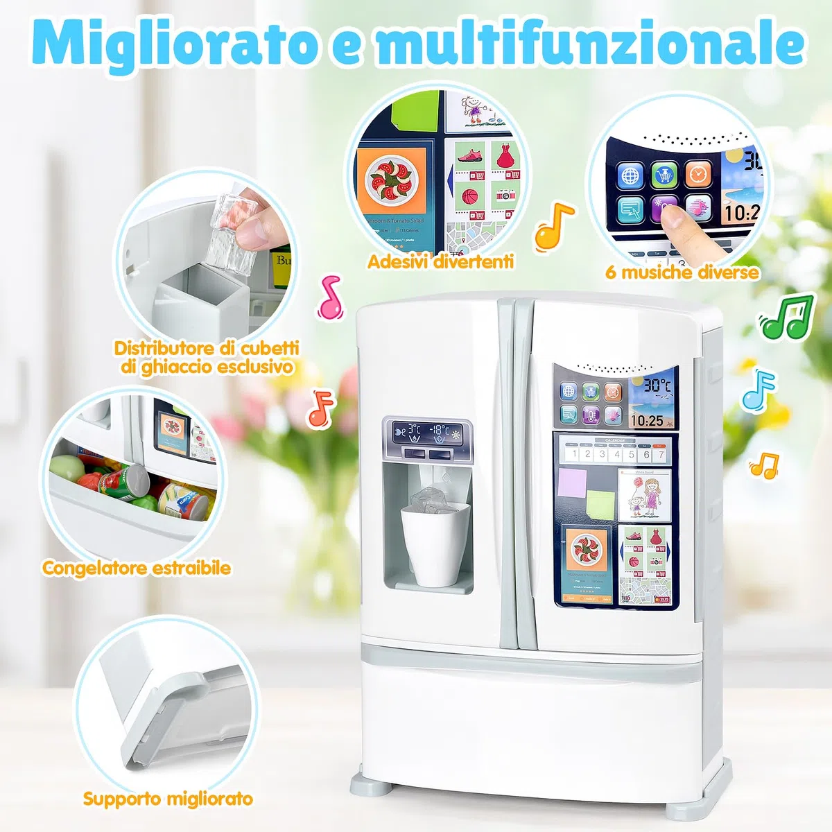 PLAY Frigorifero Giocattolo, Accessori Cucina con Frigo Giocattolo, Giocattoli Alimentari, Cubetti di Ghiaccio, Effetti Sonori Realistici, Set di Cucina Giocattolo per Bambini da 3+ Anni - Bianco