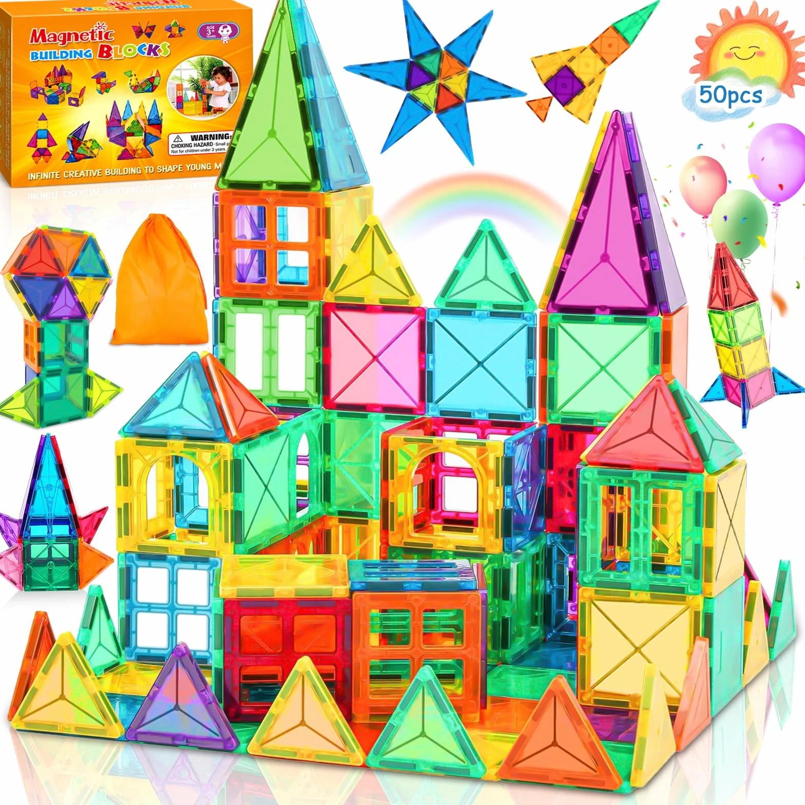 50 PCS Costruzioni Magnetiche per Bambini, Blocchi Magnetici Colorati Quadrati e Triangolari, Forte Adesione Magnetica, Con Sacchetto di Stoccaggio e Manuale, Adatto a Bambini dai 3 Anni