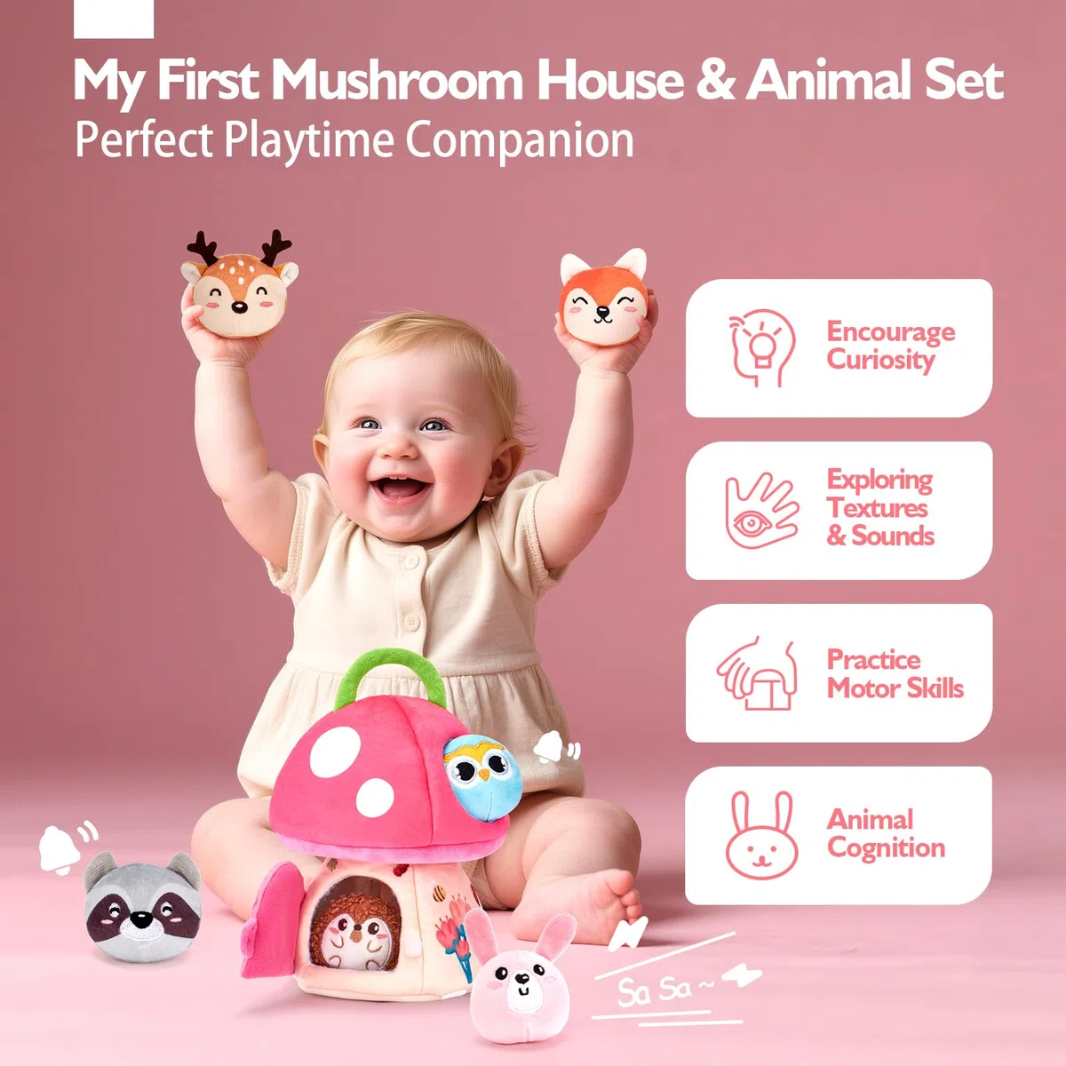 hahaland Giochi Neonato Montessori 6-12 Mesi - Casa Morbida per Animali con Sonagli/Pieghe/Specchio - Giochi Sensoriale per Bambini 3 6 12 Mesi Regalo Bimbo Bimba