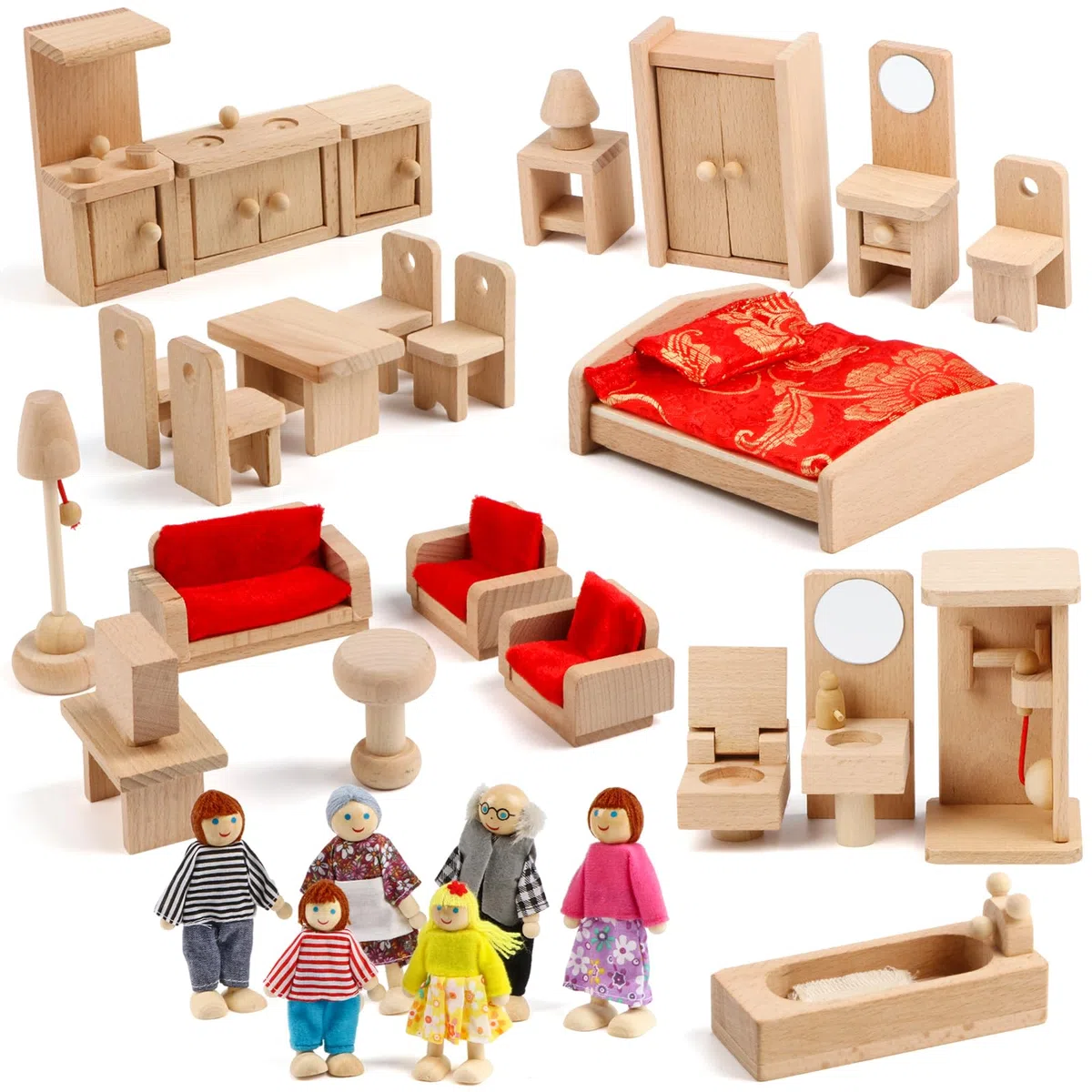 5 Set di accessori per mobili per casa delle bambole con una famiglia di 6 bambole Decorazione Giochi di finzione per ragazze e ragazzi, in Legno