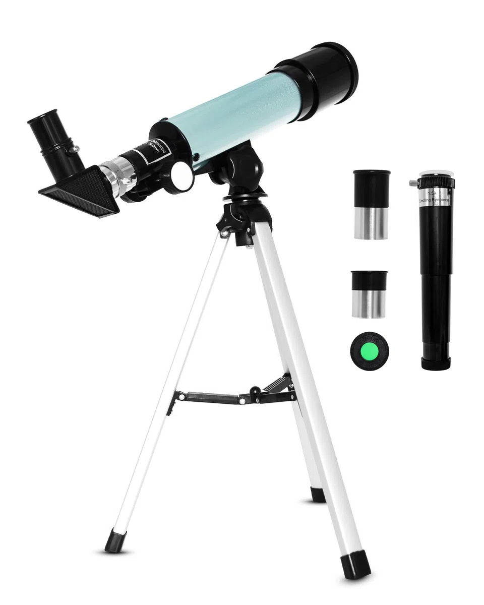 Telescopio astronomico per bambini, telescopio astronomico professionale 90X con treppiede, 2 oculari di ingrandimento, lente di Barlow 1,5x, giocattoli educativi per bambini