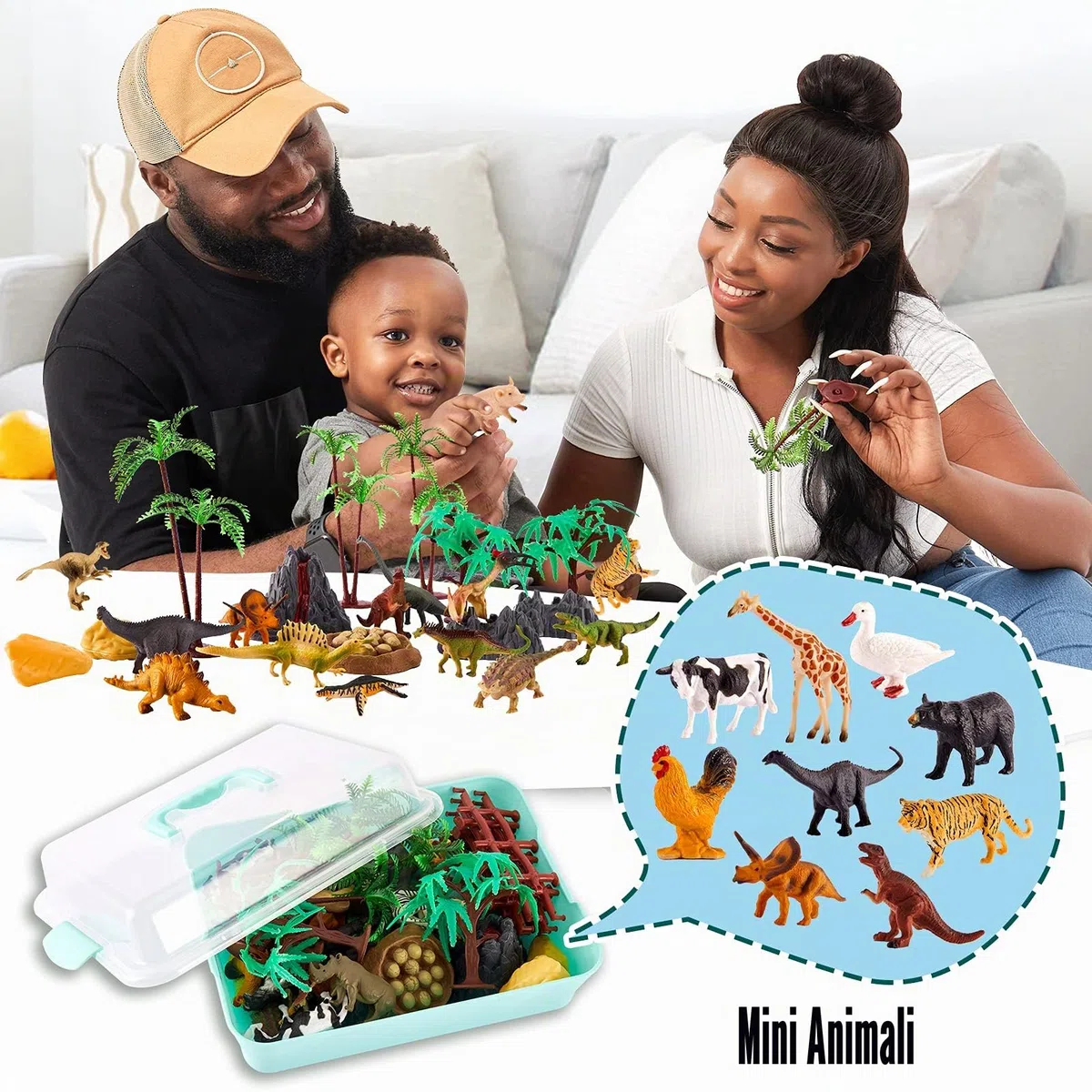 TOEY PLAY 3 in 1 Animali Giocattolo per Bambini, Animali Fattoria, Dinosauro Giocattolo, Animali Della Giungla, Giochi Bambini 3 4 5 6 Anni, 56 Pezzi, Mini Animali Realistici con Valigia
