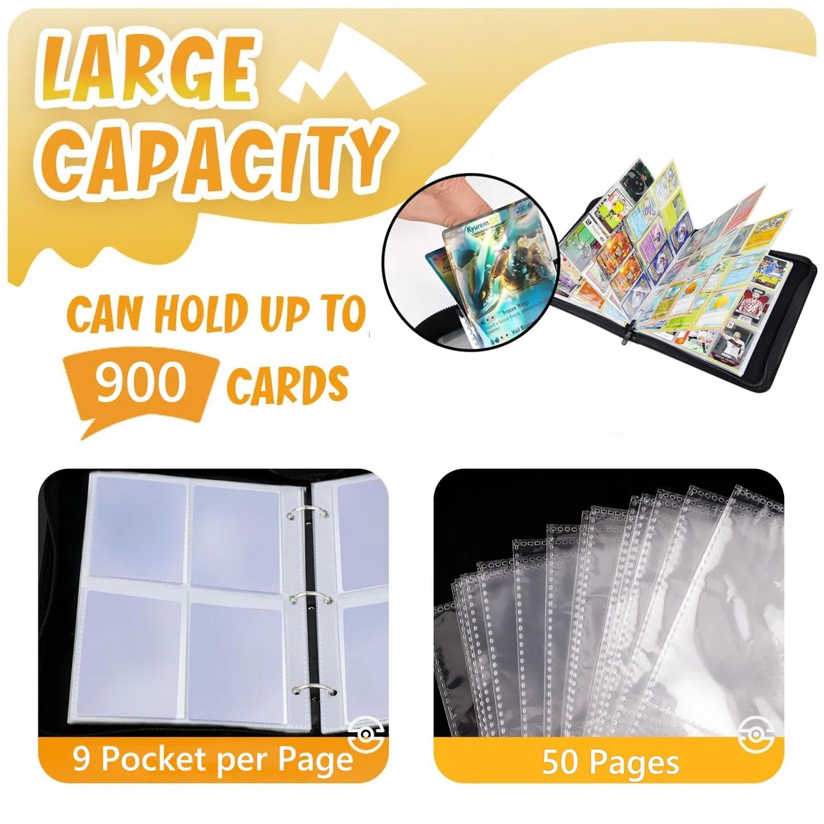 Raccoglitore Carte Pokemon 9 Tasche, Album Carte con Cerniera, PU Album Porta Carte Impermeabile, 50 Pagine, 900 Tasche