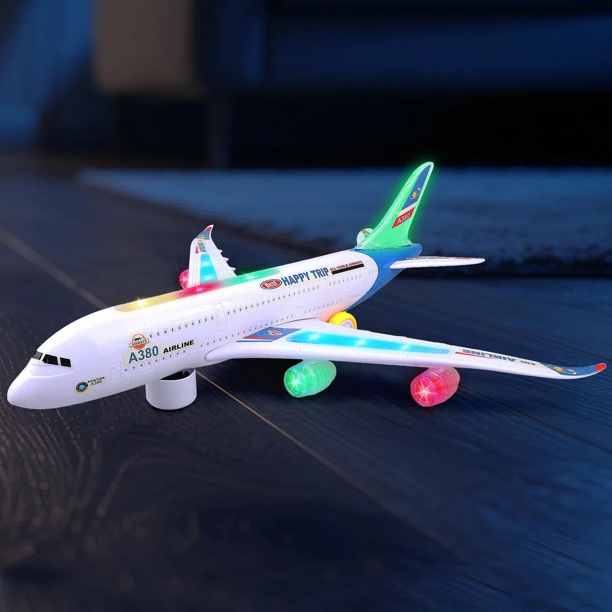 Bump and Go - Aereo giocattolo realistico con luci e suoni 4D, giocattolo per bambini dai 3 ai 12 anni, cambio automatico di direzione in caso di collisione, ottimo regalo per ragazzi e ragazze (blu)