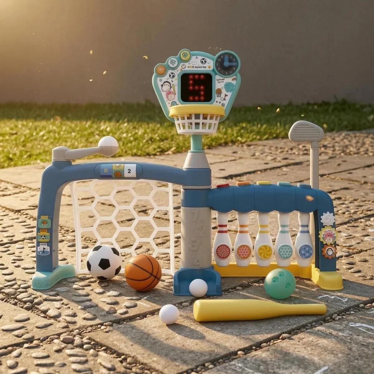 Gioco Sportivo 5 in 1 Multiattività Stazione da Basket e Base di Gioco Stabile Set Bowling Calcio per Bambini