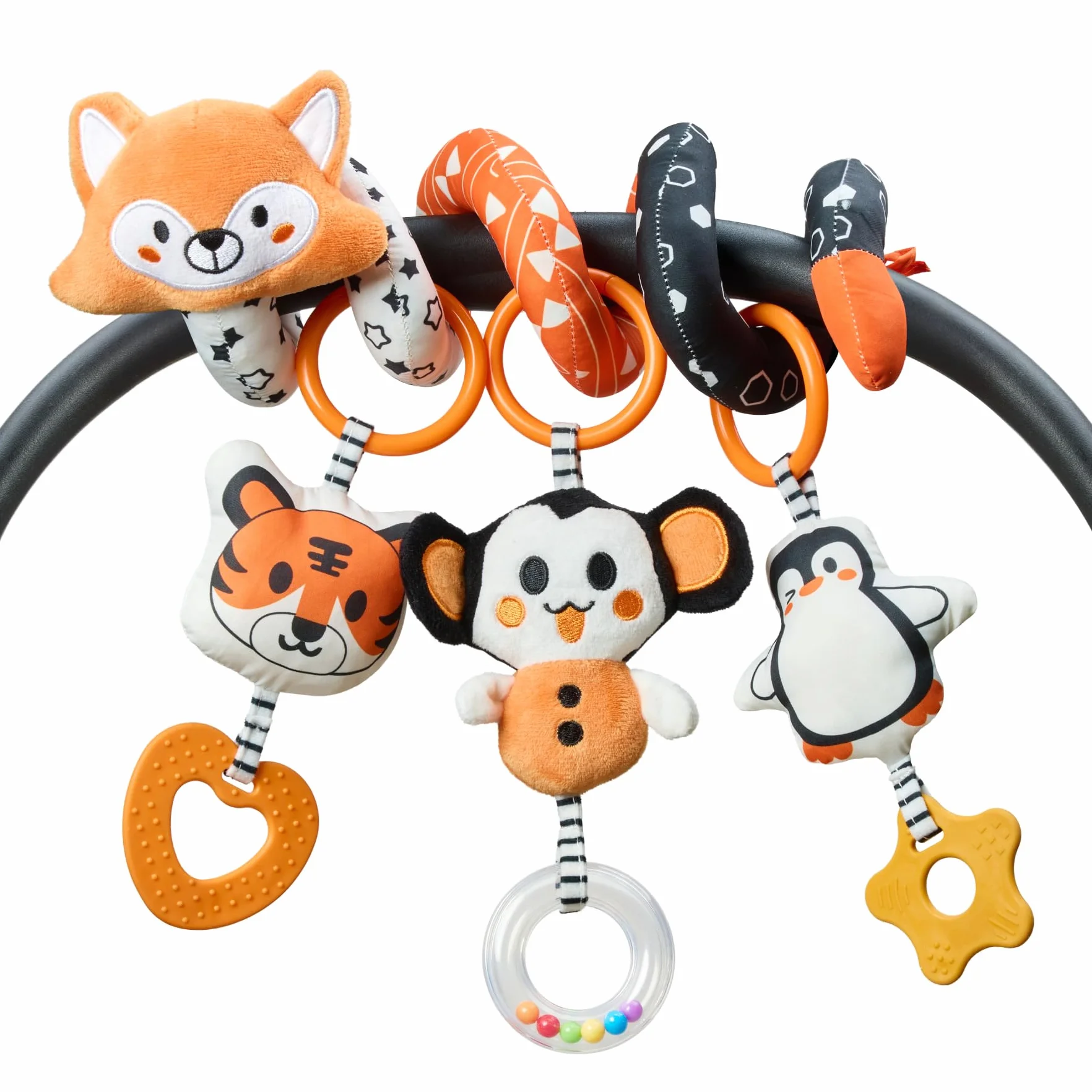 TUMAMA Giochi Spirale da Passeggino per Neonato 0 2 3 6 9 12 Mesi, Peluche Bianco e Nero Spiral Passeggini Giocattolo Gioco per Neonati Bambina Ragazzo, Volpe Culla Carrozzina con Sonaglio Teether