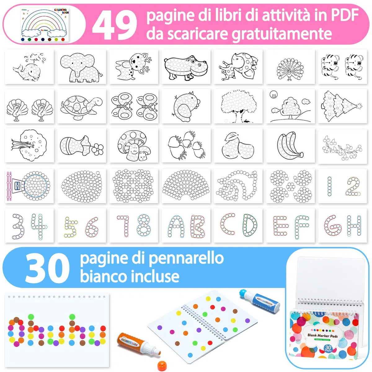 Ohuhu Pennarelli per bambini 12 colori super lavabili (40 ml) con libro di attività in bianco di 30 pagine - Penne Bingo a punta tonda di sicurezza non tossica per la scuola dell'infanzia