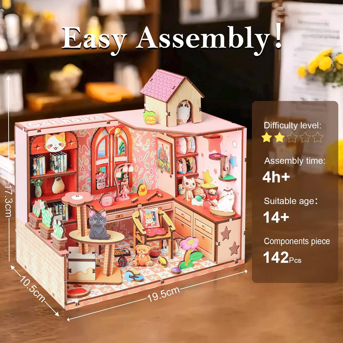 Cuteefun Miniature Casa delle Bambole, Kit da Casa di Bambole in Legno con LED, Struttura a Incastro, Facile da Assemblare, Regalo per Compleanni, Natale e Halloween (Casetta per Gatti)