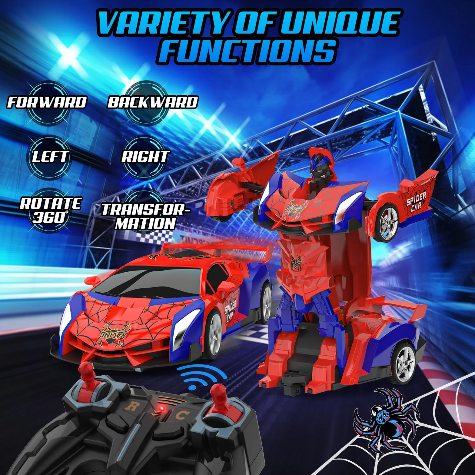 Macchina Telecomandata, 2.4GHz Trasforma Robot & RC Auto da Corsa Radiocomandata Giochi Esterno Giocattolo, Spider Cars Macchinine per Gioco Regalo Compleanno Natale Bambino Bimbi 3 4 5 6 7 8 9 Anni