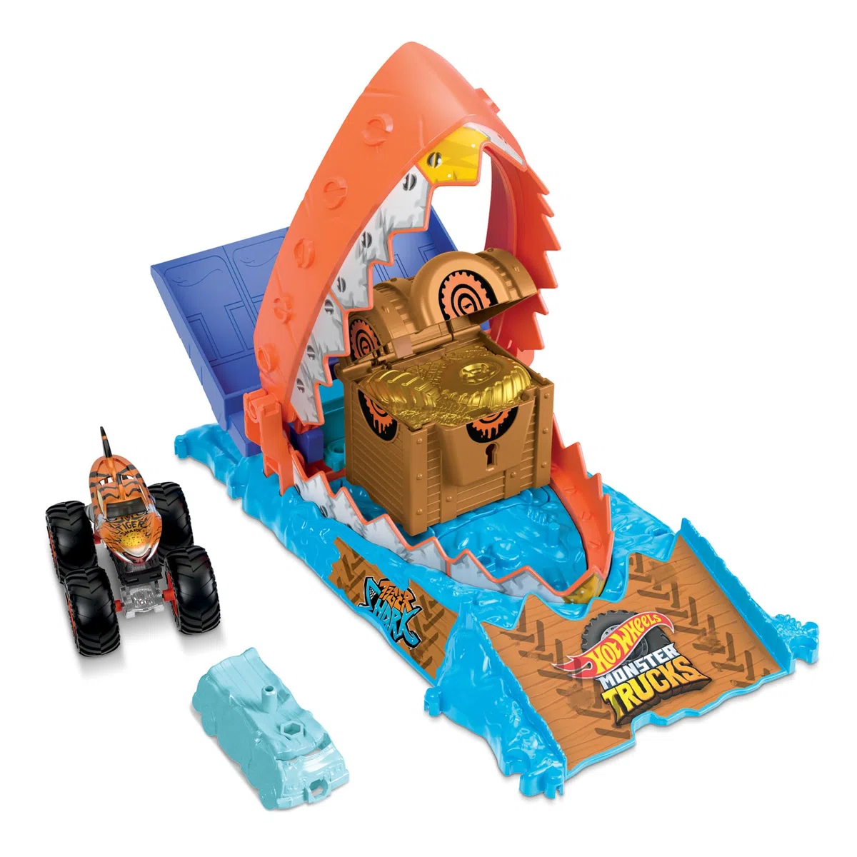Hot Wheels Monster Trucks - Sfida del Morso per il Tesoro, playset Arena degli Scontri con MT Tiger Shark in scala 1:64 e 1 macchinina schiacciata, giocattolo per bambini, 4+ anni, HTP17