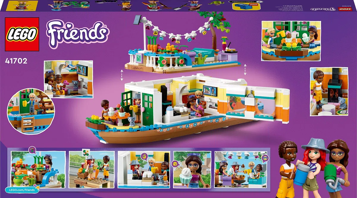 LEGO 41702 Friends La Peniche, Giocattolo Barca per Bambini dai 7 Anni con Giardino, 4 Mini Bambole, Figure Animali, Set Natura