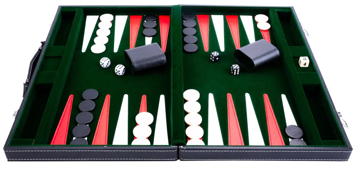 Engelhart – 250518 – Backgammon Deluxe 18” (45,5 cm) con Tavola Cucita – Valigetta Nera in Similpelle con Manico – Verde, Rosso, Bianco – Gioco da Viaggio per 2 Giocatori