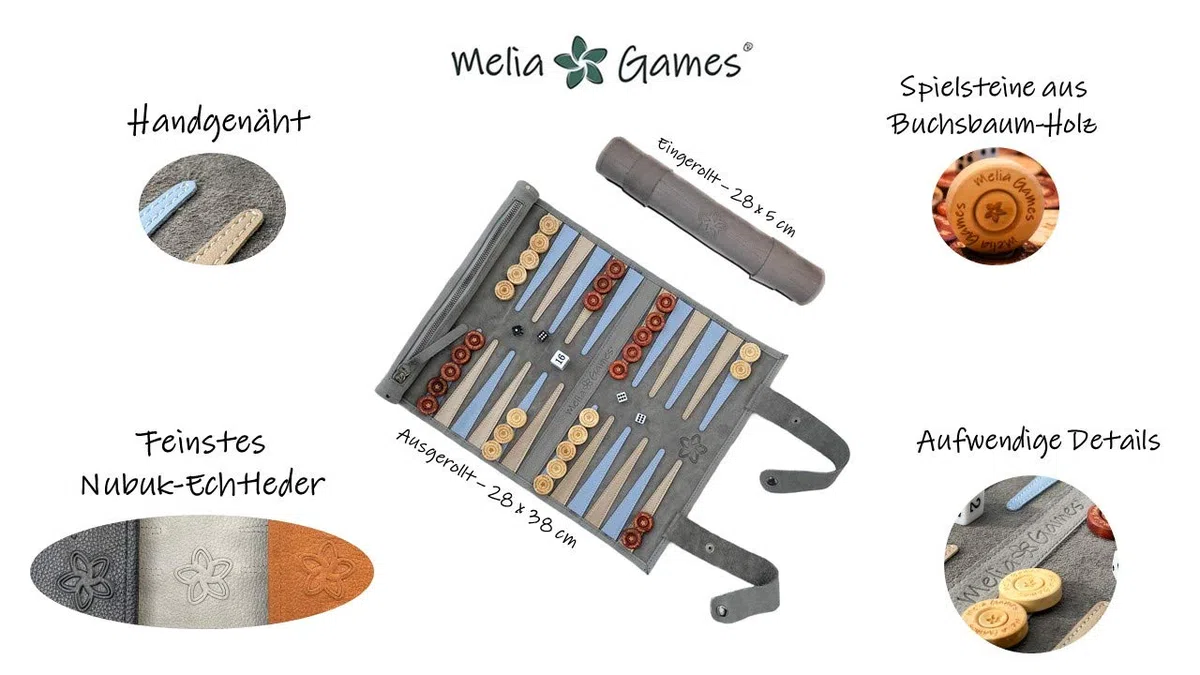 MELIA Outlet Backgammon in pelle per rotolare – Backgammon da viaggio in vera pelle con pietre da gioco in legno – Lusso Backgammon – Premium Roll-Up Backgammon – Handmade in Europe – Grigio