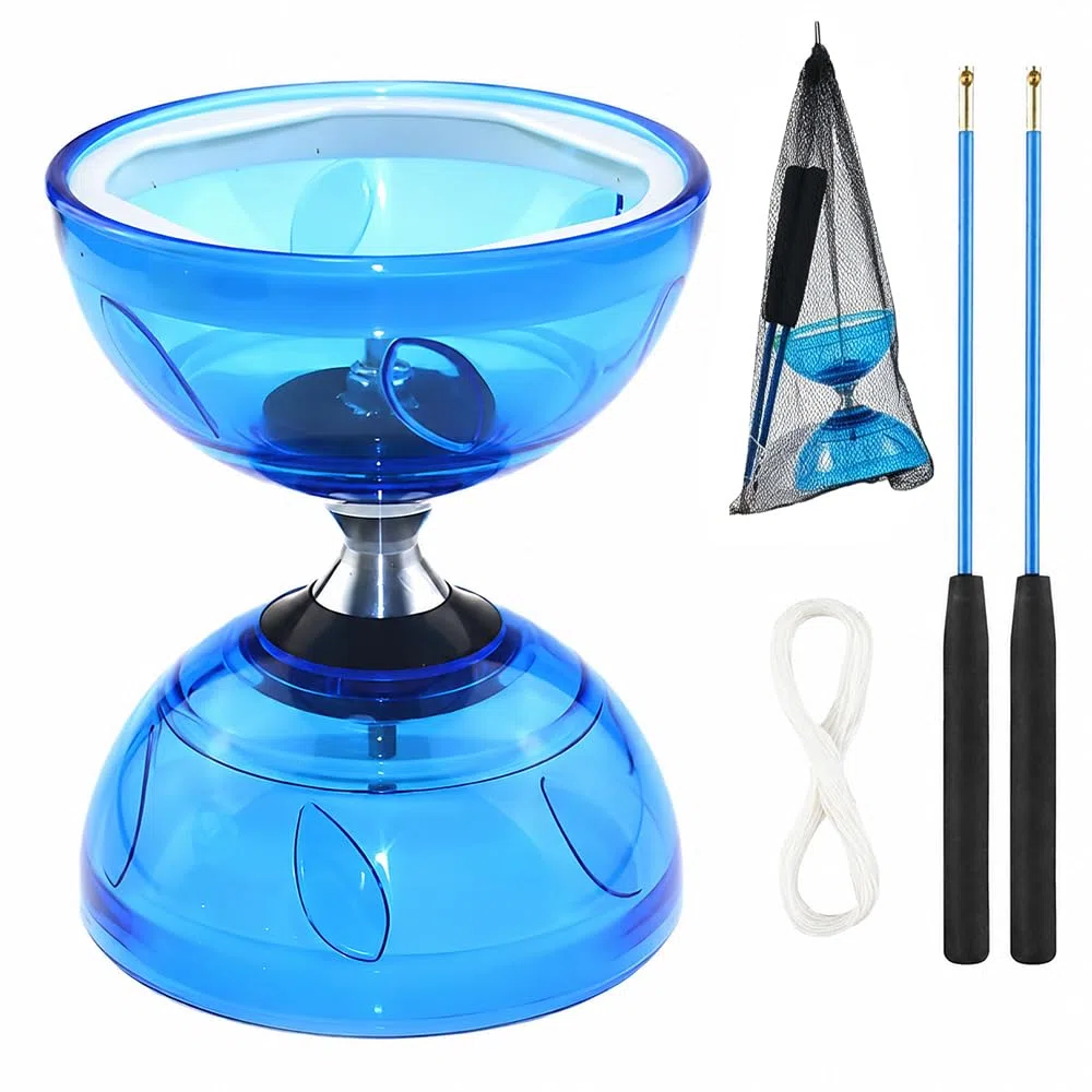 Diabolo con Cuscinetti a Sfera, Giocoliere Set con Luce a LED e Aste, Giocoliere in Gomma Morbida Trasparente con Corda di Ricambio e Tasca a Rete, Sport Ricreativi per Principianti, Blu