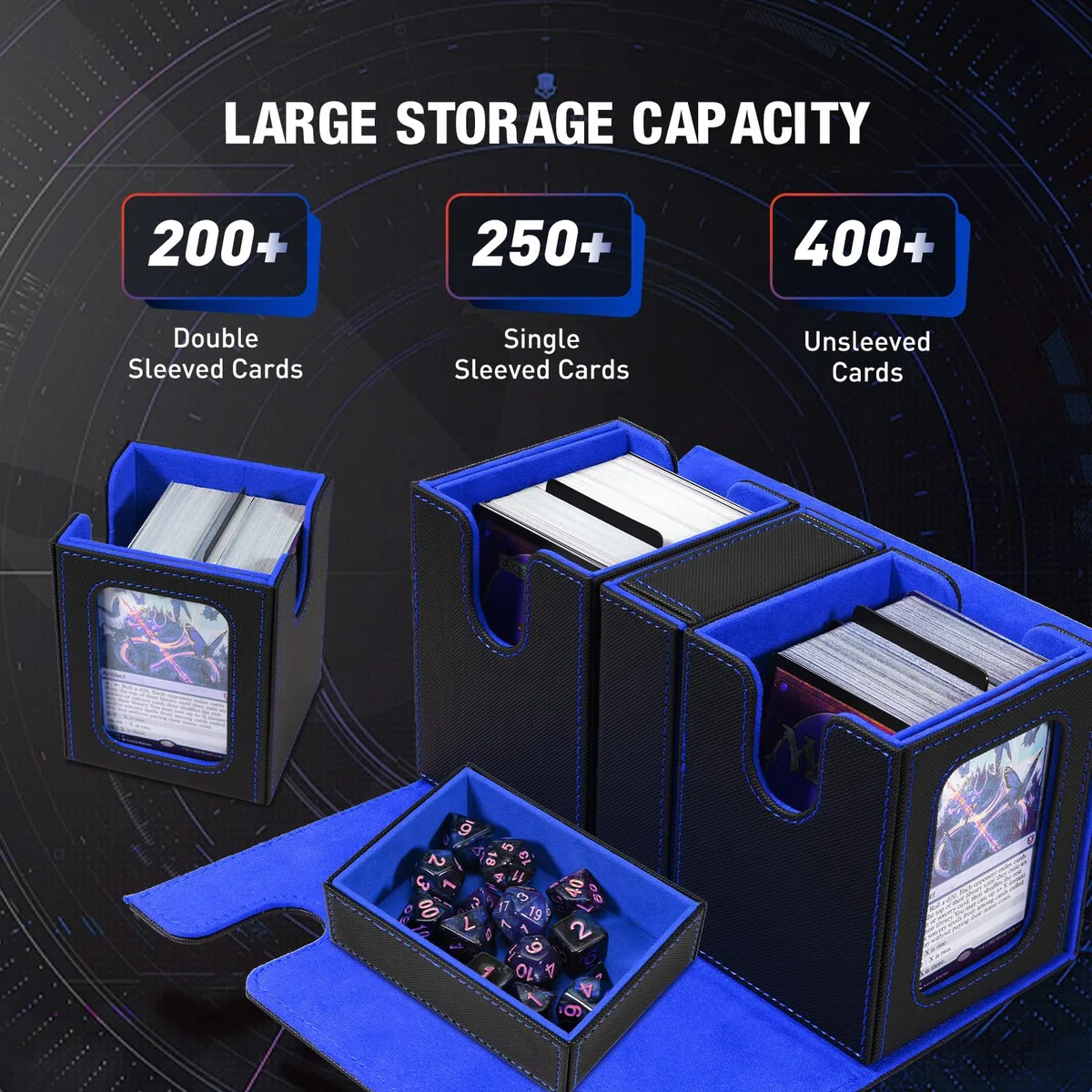 TiMOVO Scatola Porta Mazzi di Carte Magic, Scatola Magnetica con 2 Commander Display e 4 Divisori per 200+ Carte e 1 Vassoio per Dadi, Deck Box in Pelle per Carte Magiche MTG YuGiOh TCG CCG, Nero+Blu