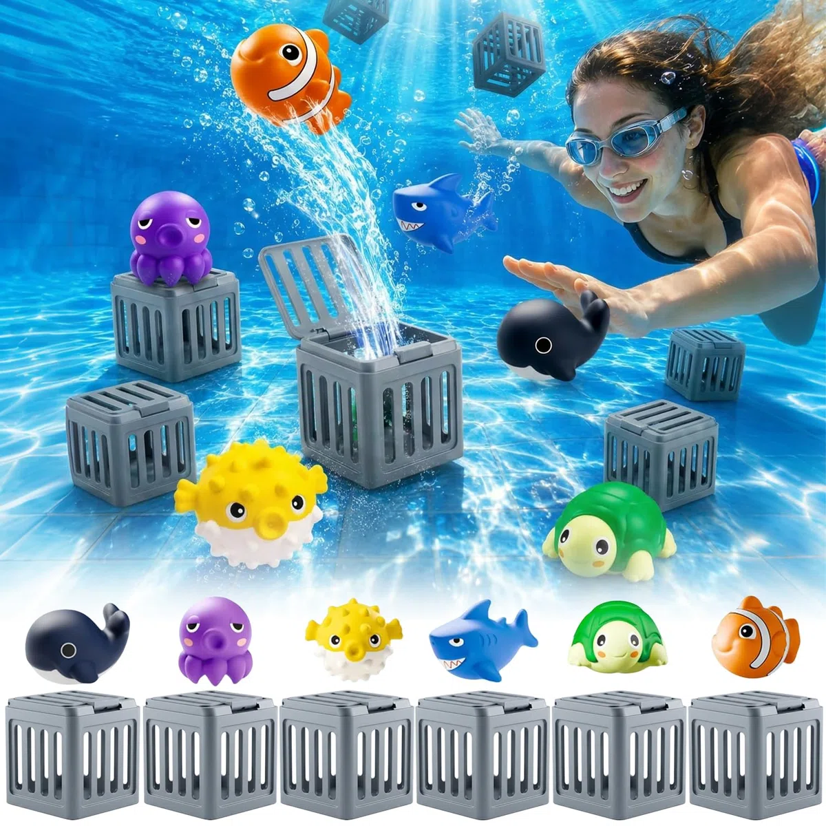 Giocattoli subacquei per Il Salvataggio, Giochi da Piscina con Animali Galleggianti e Gabbia Zavorrata, Giocattoli Subacquei per Bambini, Set di Giocattoli da Piscina Adatto a Bambini E Bambine