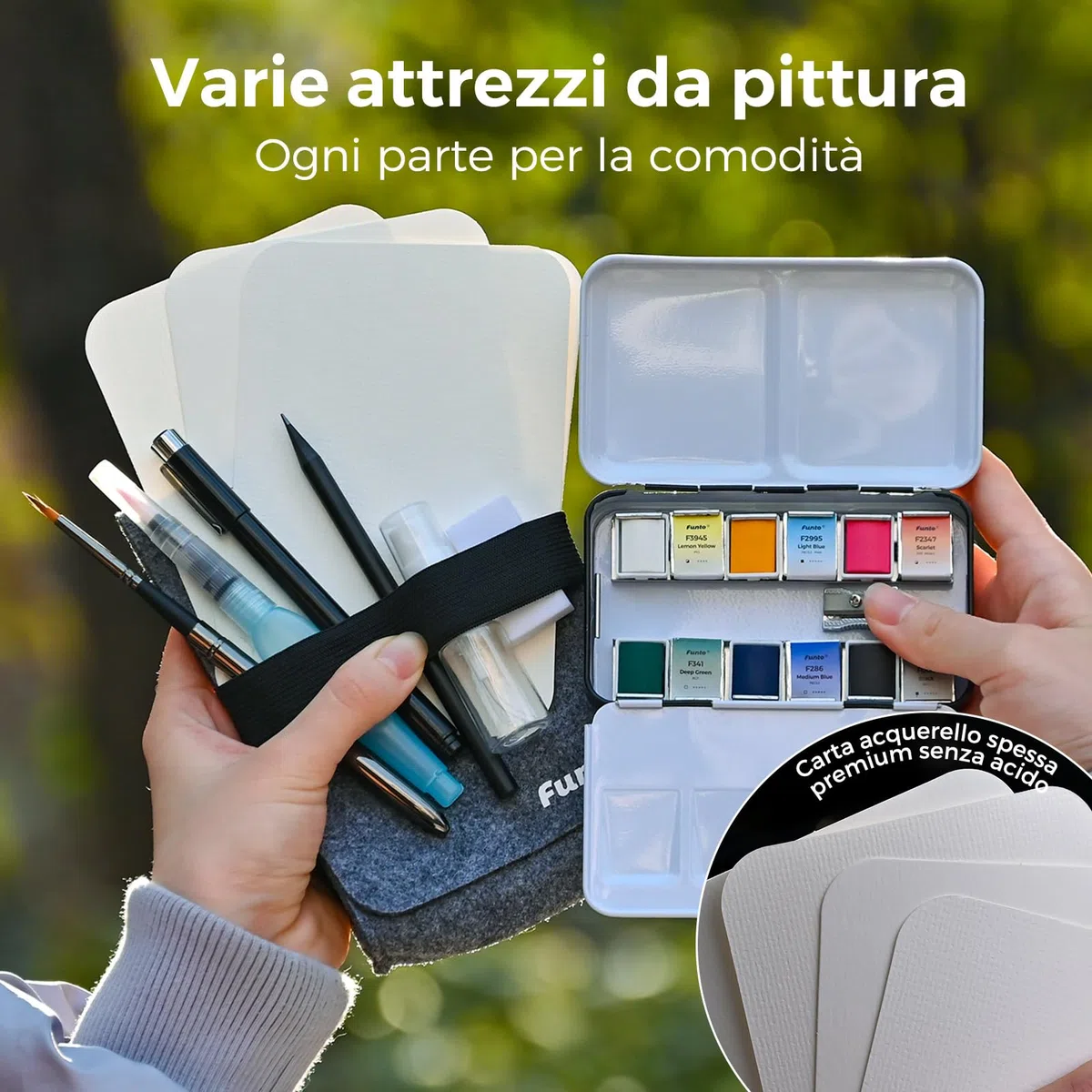 Funto Set da Viaggio Acquerello Premium - 12 Colori, 10 Cartoline, Pennello da Viaggio, Penna Pennello ad Acqua, Fineliner - Set di Pittura per Adulti