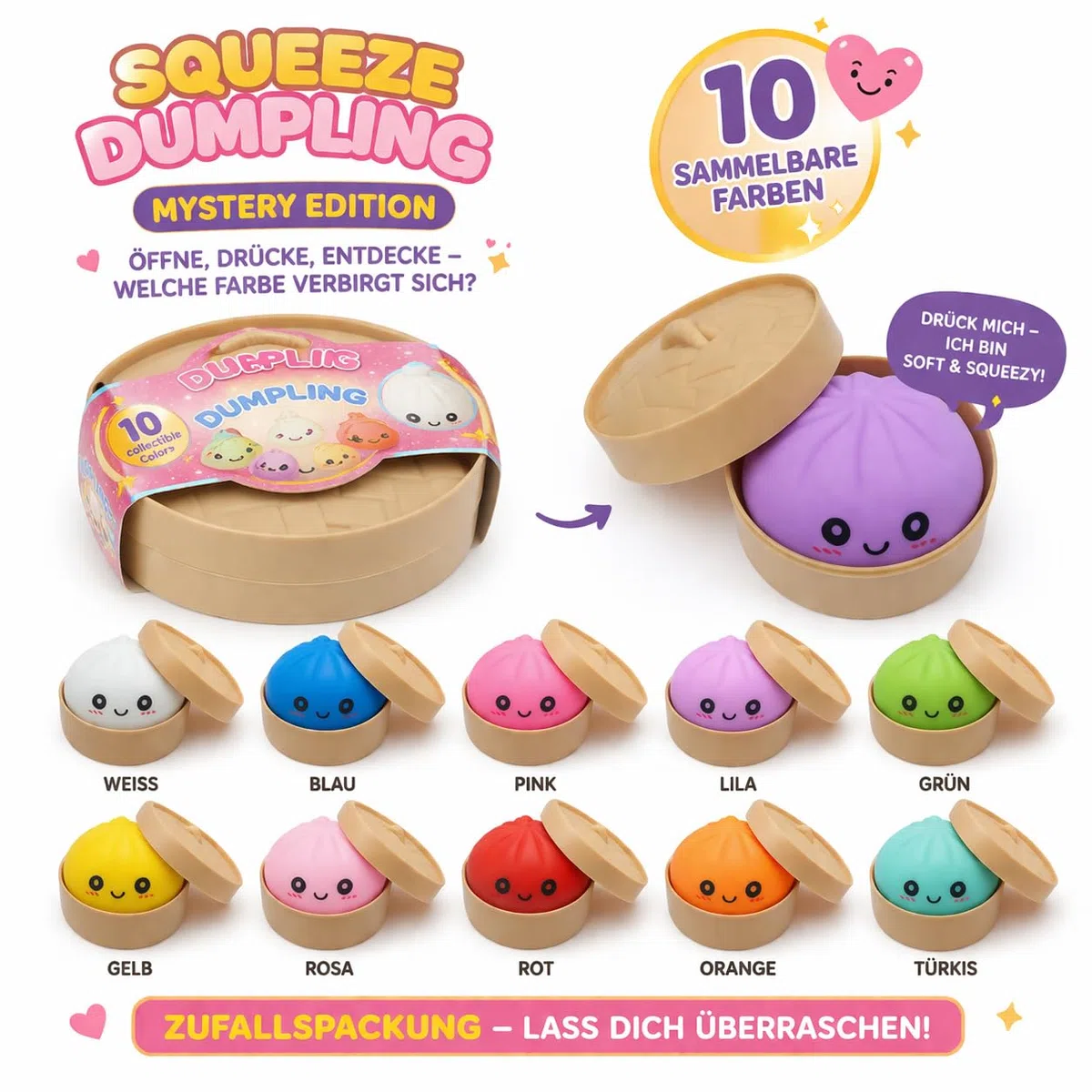 XXL Mystery Dumplings Squishy Squeeze Buns con scatola (9,5 cm) – Viral Trend Anti Stress Giocattolo da schiacciare – Pallone da impastare in colore a sorpresa – Fidget Toy idea regalo