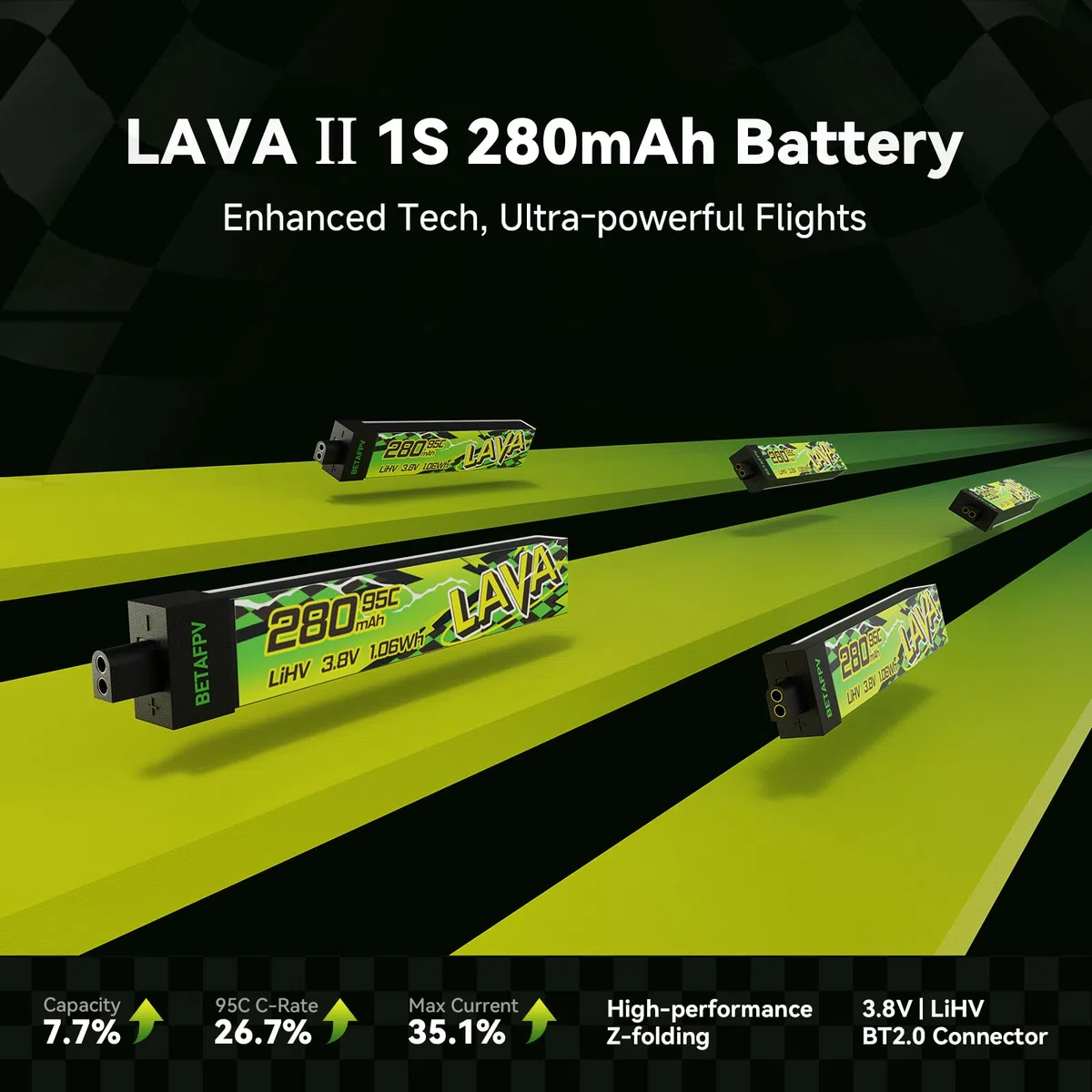 BETAFPV 5pcs LAVA II 1S 280mAh Battery 3.8V 95C LiHV Battery with BT2.0 Connector Compatible with 1S Tiny Whoop Drone Quadcopter like Cetus FPV Kit, Air65, Meteor65 Pro 1S Brushless Drones