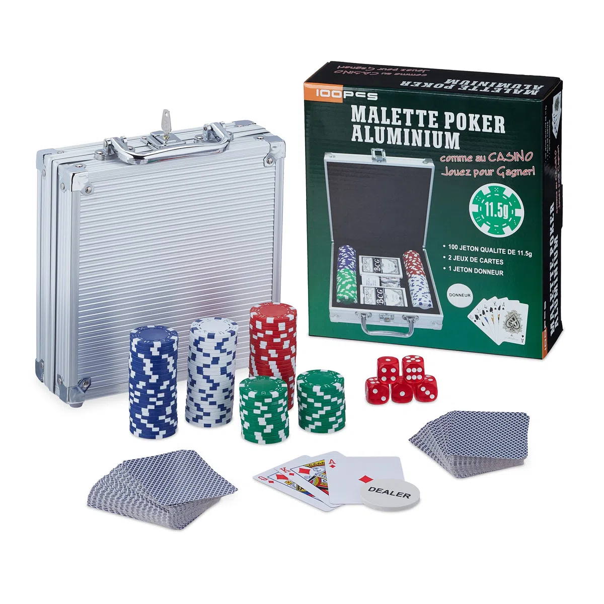 Relaxdays Valigetta da Poker, 100 Chips senza Valore, 2 Mazzi di Carte, 5 Dadi, Dealer, Pokerset, Richiudibile, Argento