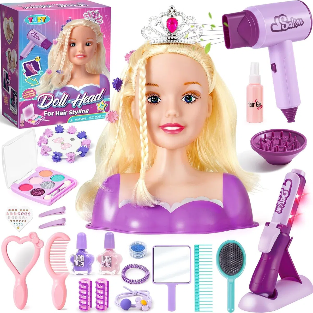 Set Parrucchiere per Bambini Trucco Hair Styling con Giocattolo Asciugacapelli Piastra Testa in Stile Bambola Parrucchiere da Kit Bellezza Trucco Salone Giocattolo Compleanno per Ragazze 3 4 5 6 Anni