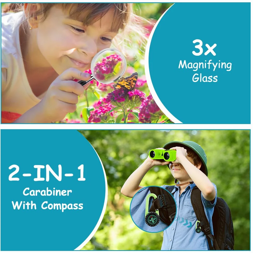 Binocolo per Bambini, Portatile Binocolo Set con Lente di ingrandimento e Bussola Kit Regalo Giocattoli per 3-6 Bambino e Bambina Perfetto per Campeggio e Esplorazione di Birdwatching (Verde)