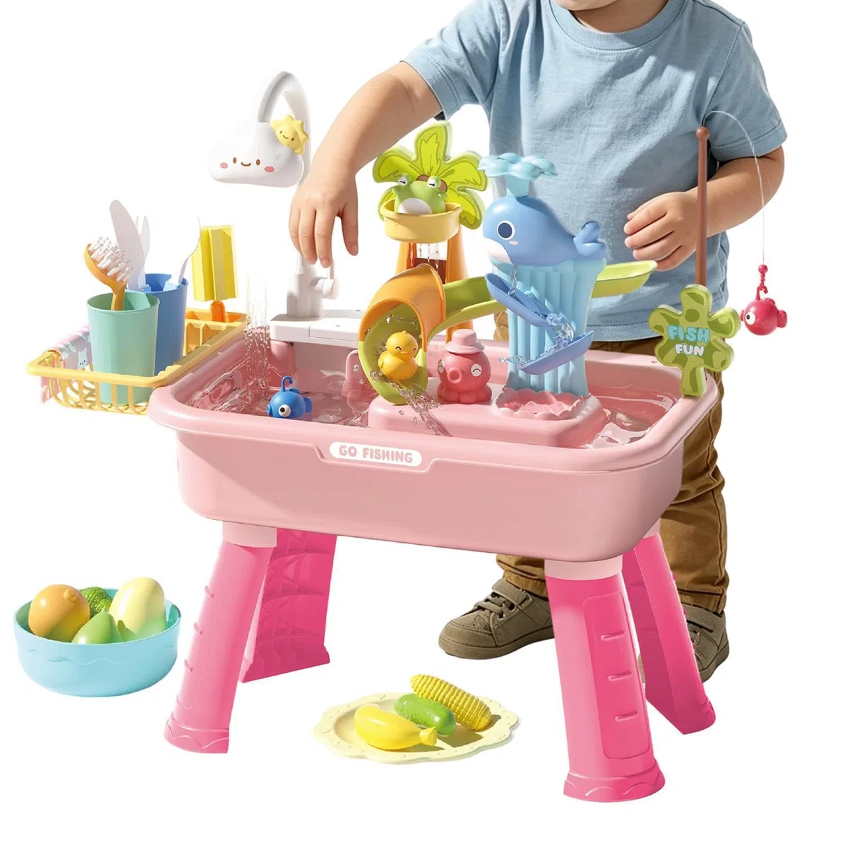 Tavolo Ad Acqua Elettrico Per Bambini | Lavello Da Gioco Aggiornato Con Acqua Corrente E Rubinetto A | Tavolo Sensoriale Per Attività Acquatiche Per Bambini Con Gioco Di Pesca Per 4-8 Bambin-i