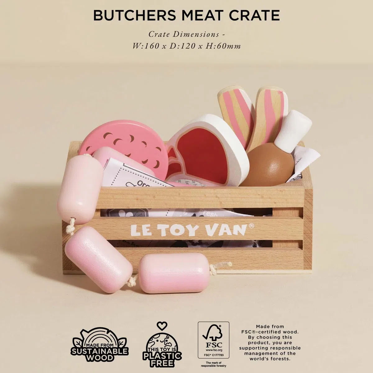Le Toy Van - TV189 - Gioco educativo per bambini dai 2 anni cassetta di carne e insaccati in legno, giocattoli Montessori, gioco ecologico in legno FSC e colori a base d'acqua