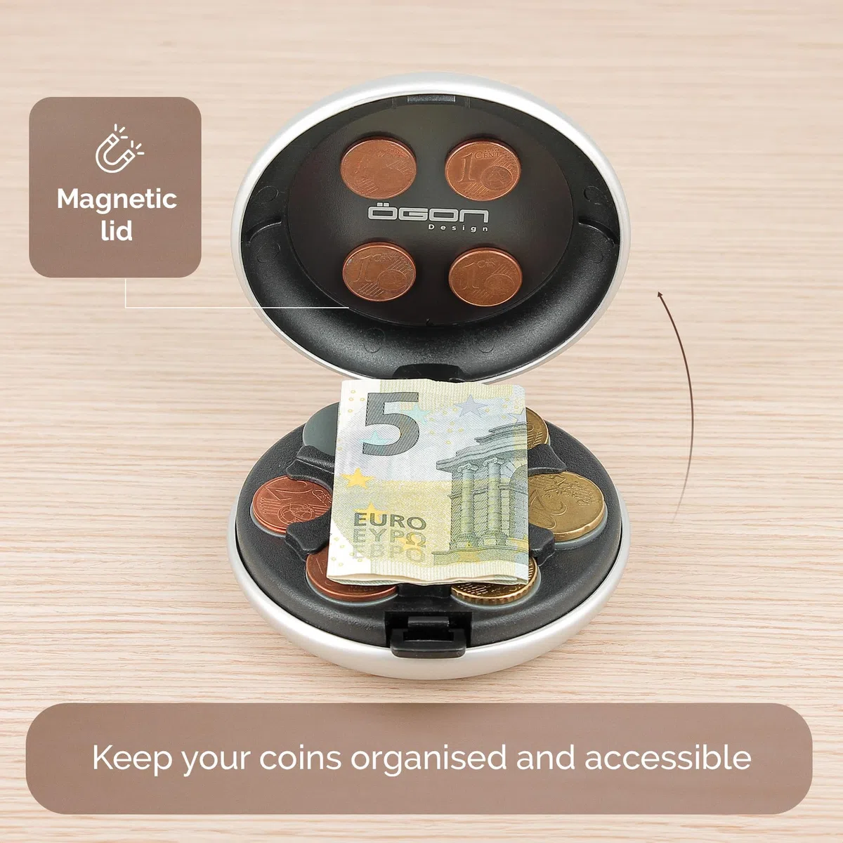Portamonete in alluminio, capacità fino a 20 € in monete, 5 monete per scomparto, modello Coin Dispenser
