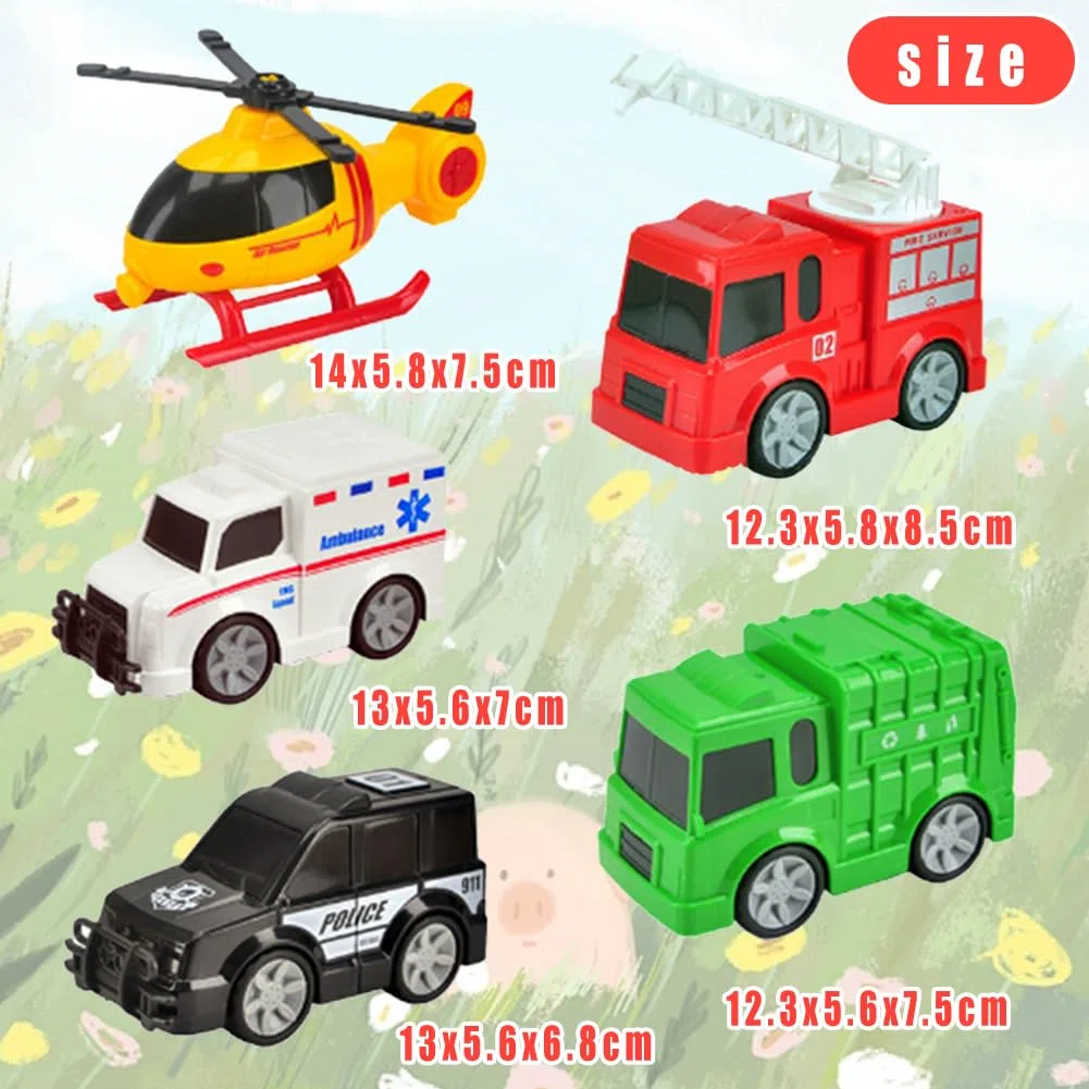 Set di 5 Giocattoli auto Della Polizia, Ambulanza, Camion della Spazzatura, Camion dei Pompieri, Elicottero, Macchinina per Bambini, Veicolo da Città