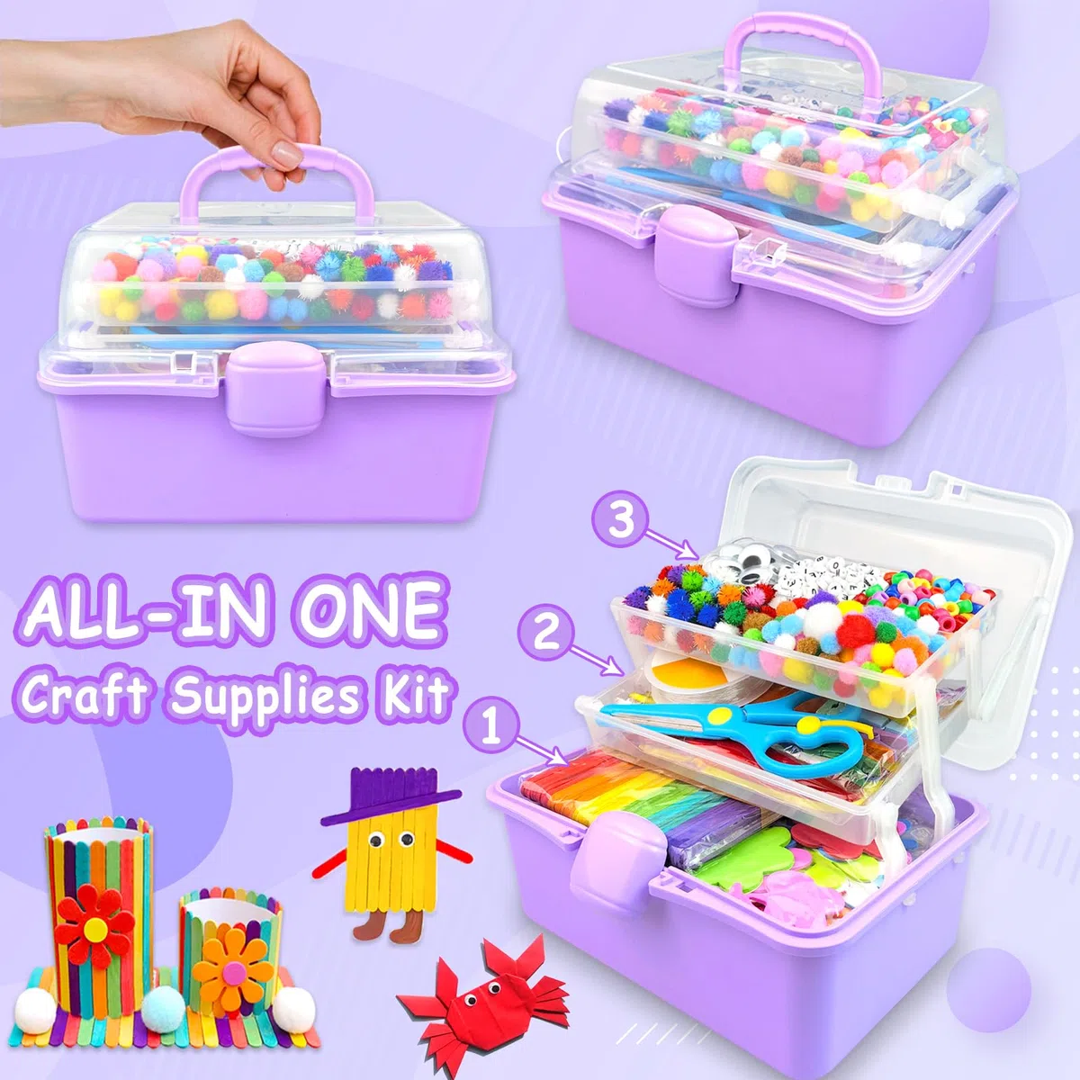 BNUZEIYI 3000Pcs Kit Lavoretti Creativi per Bambini Scatola Lavoretti Bambini a 3 Strati con Scovolini Colorati DIY Art Craft Fai da Te Giocattoli Regalo per Ragazze e Ragazzi 4-6, 6-8, 8-12, Viola