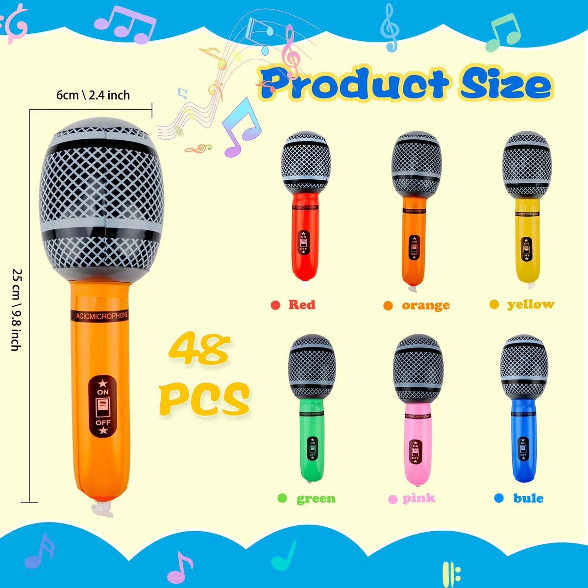 Confezione da 48 microfoni gonfiabili per simulare il microfono gonfiabile, giocattoli per concerti musicali anni '80 e '90 a tema cosplay, palcoscenico, feste, giochi di ruolo