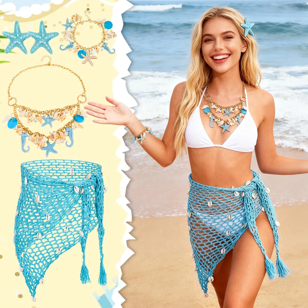 XEPST 5 pz Sirena Costume per le Donne - Sirena Costume Sirena Accessori Set con Sirena Crochet Gonna Cover Up Scialle Starfish Clip di capelli Shell Gioielli per costumi di Halloween Carnevale