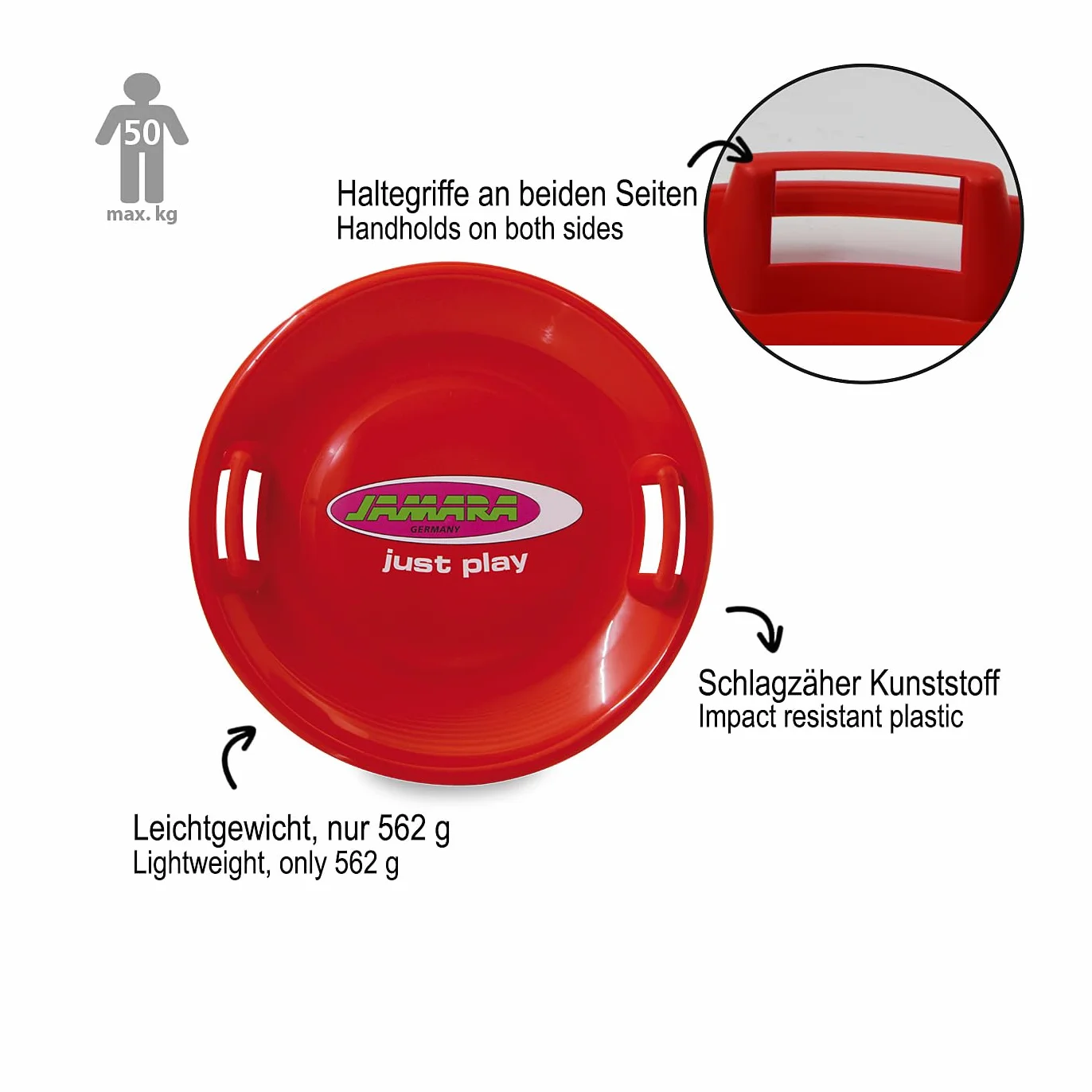 JAMARA - Piatto antiscivolo "Snow Play", 60 cm, manici su entrambi i lati, corpo in plastica resistente, peso leggero solo 555 g