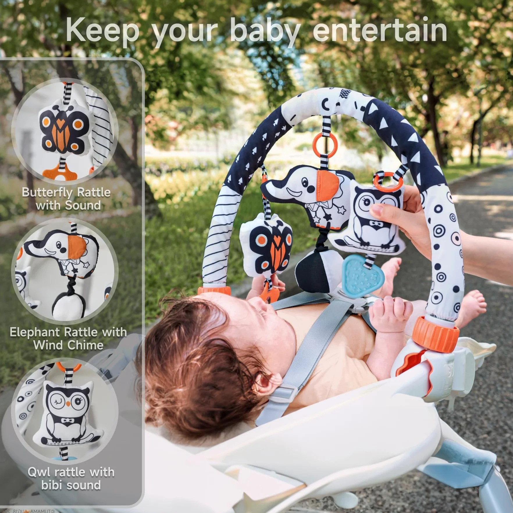 TUMAMA Arco Giochi per Passeggino, Giochi Neonati 0 3 6 8 9 12 Mesi Arco Gioco con Clip Culla, Ovetto, Neonato Giocattolo con Pupazzi Sensoriali Appendibili