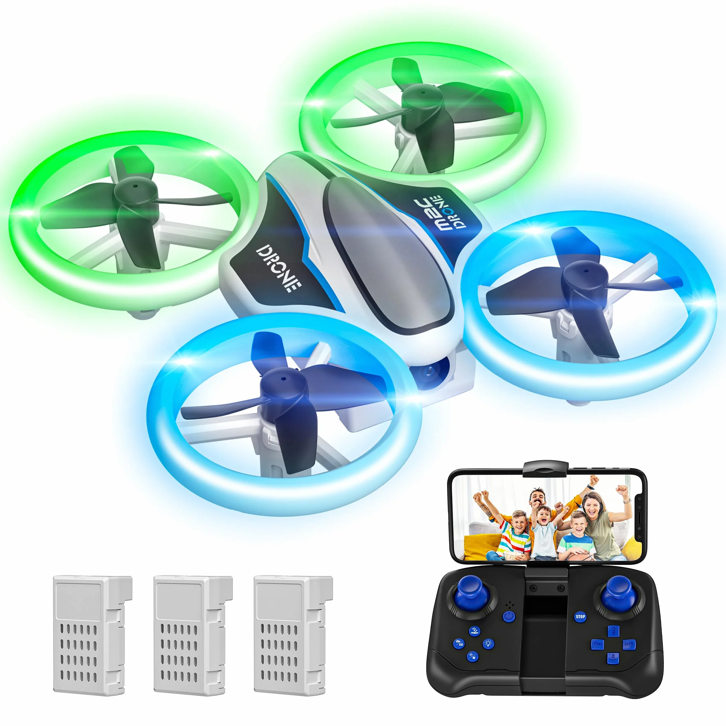 Mini Drone con Telecamera 1080P HD per Bambini e Principianti, Droni Quadricottero RC con Luci LED e 3 Batterie, Giocattolo Regalo per Ragazzi e Ragazze, Verde