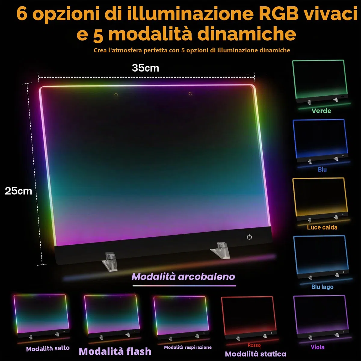 Lavagnetta in Acrilico con Luci LED, 35x25cm Lavagna Promemoria LED, 5 Modalità e 6 Colori Lavagna Luminosa per Disegnare, Tavoletta Grafica Bambini con Penna a 7 Colori, Catena, Supporto