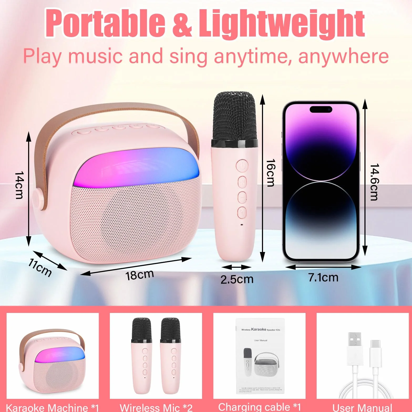 Karaoke per Bambini e Adulti con 2 Microfoni Senza Fili Bluetooth, Macchina Karaoke Portatile con Luce LED ed Effetti di Cambio Voce, Regali per Bambini da 3 a 18 Anni, Ragazzi e Ragazze