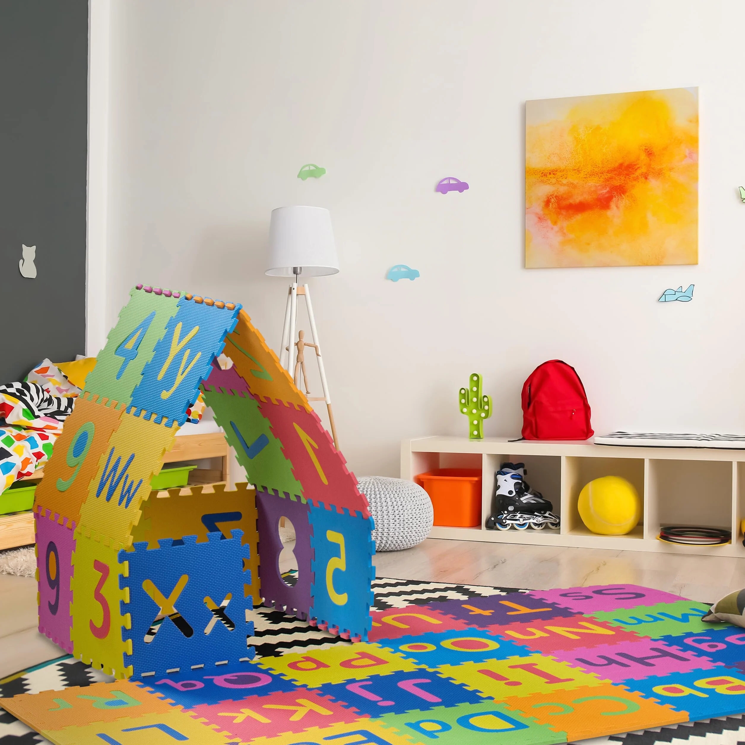 Relaxdays Tappeto Gioco Bambini, Puzzle 90 Parti Lettere ABC e Numeri, Tappetino Gattonare LxP: 180,5x180,5 cm, Colorato