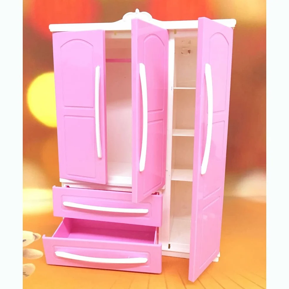 Armadio per bambola rosa con specchio e cassetto, con molteplici scomparti, mini armadio moderno, organizzatore di vestiti, accessori per casa delle bambole, mobili