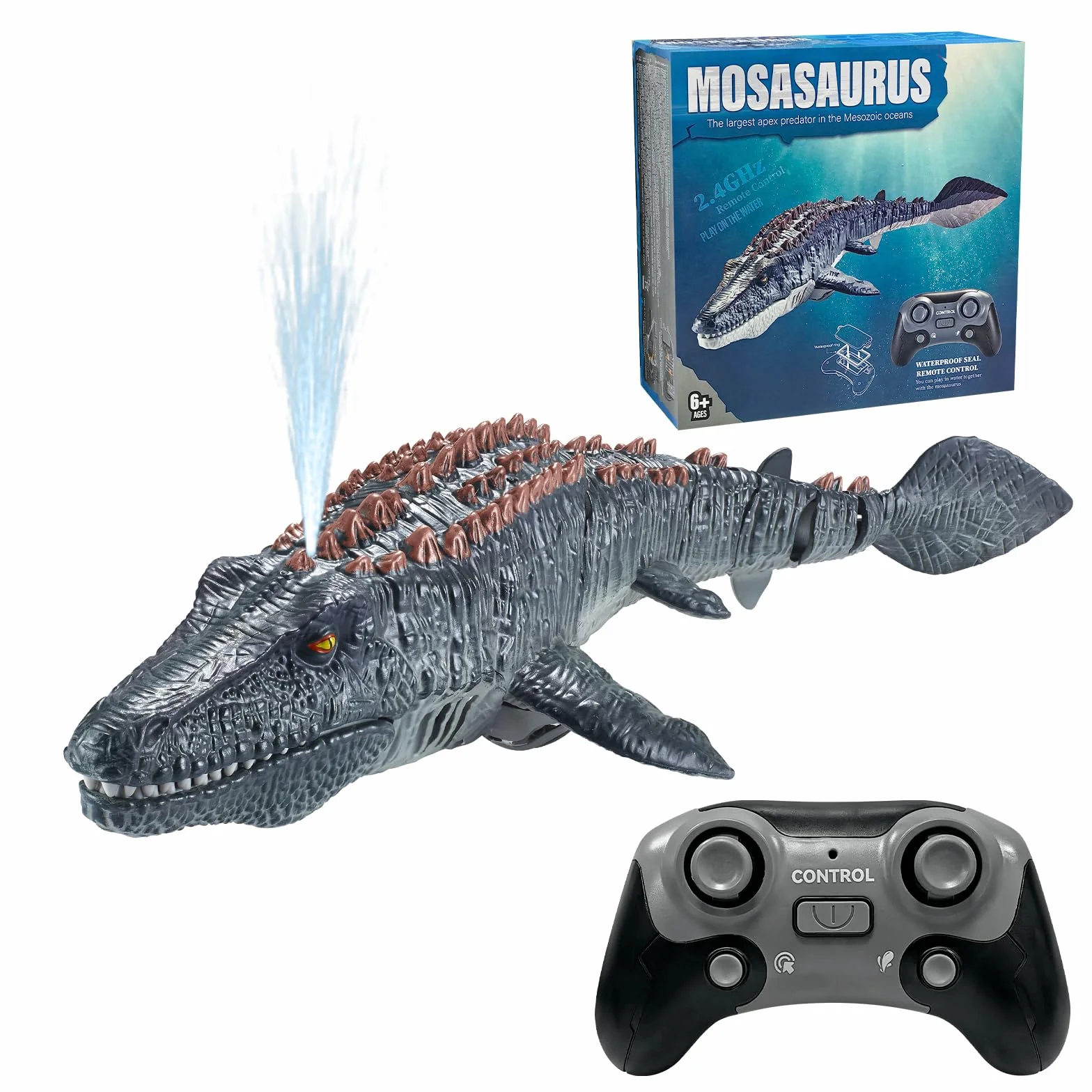 Giocattoli Mosasaurus Telecomandati per Bambini, Barca Elettrica per Dinosauri RC con Acqua Spruzzata e Luce per Il Bagno del Lago della Piscina, Giocattoli da Bagno (Grigio)