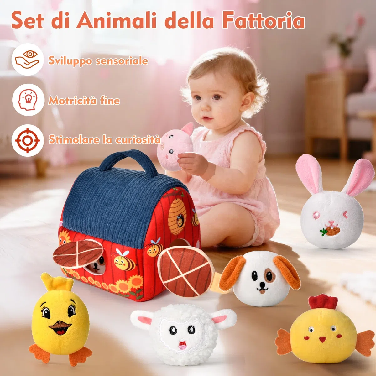Loyzico Giochi Bambini 1 Anno 6 9 12 Mesi, Montessori Gioco Neonato Fattoria, Fienile e 6 Animali della Fattoria in Peluche, Sonaglio e Specchio-Regalo Bimbo Bimba 1 Anno Bambino