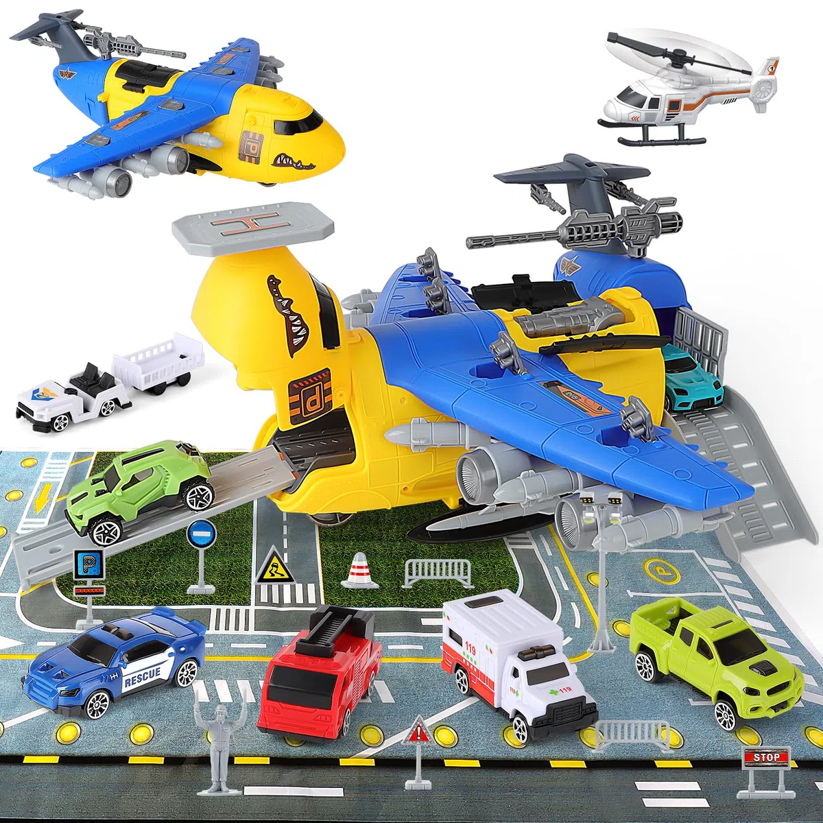 deAO Trasporto Aereo e Set di Giocattoli per Auto, Trasporto Aereo Auto Giocattolo Aerei Giocattolo per Bambini, Aereo da Trasporto con 1 Elicotteri 8 Mini Auto 10 Segnali Stradali Regalo per Bambin
