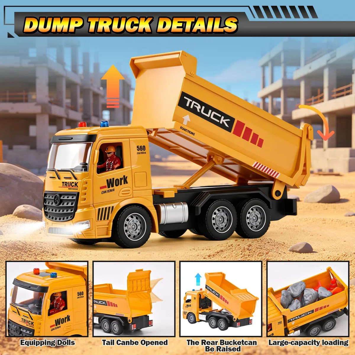 Camion Ribaltabile Telecomandato, 2.4GHz Veicolo da Costruzione RC per Bambini, Escavatore Radiocomandato con Barriere, Pietre Simulate, Luci e Rumori ecc, Giochi Bambini 4-12 Anni Regalo (A)