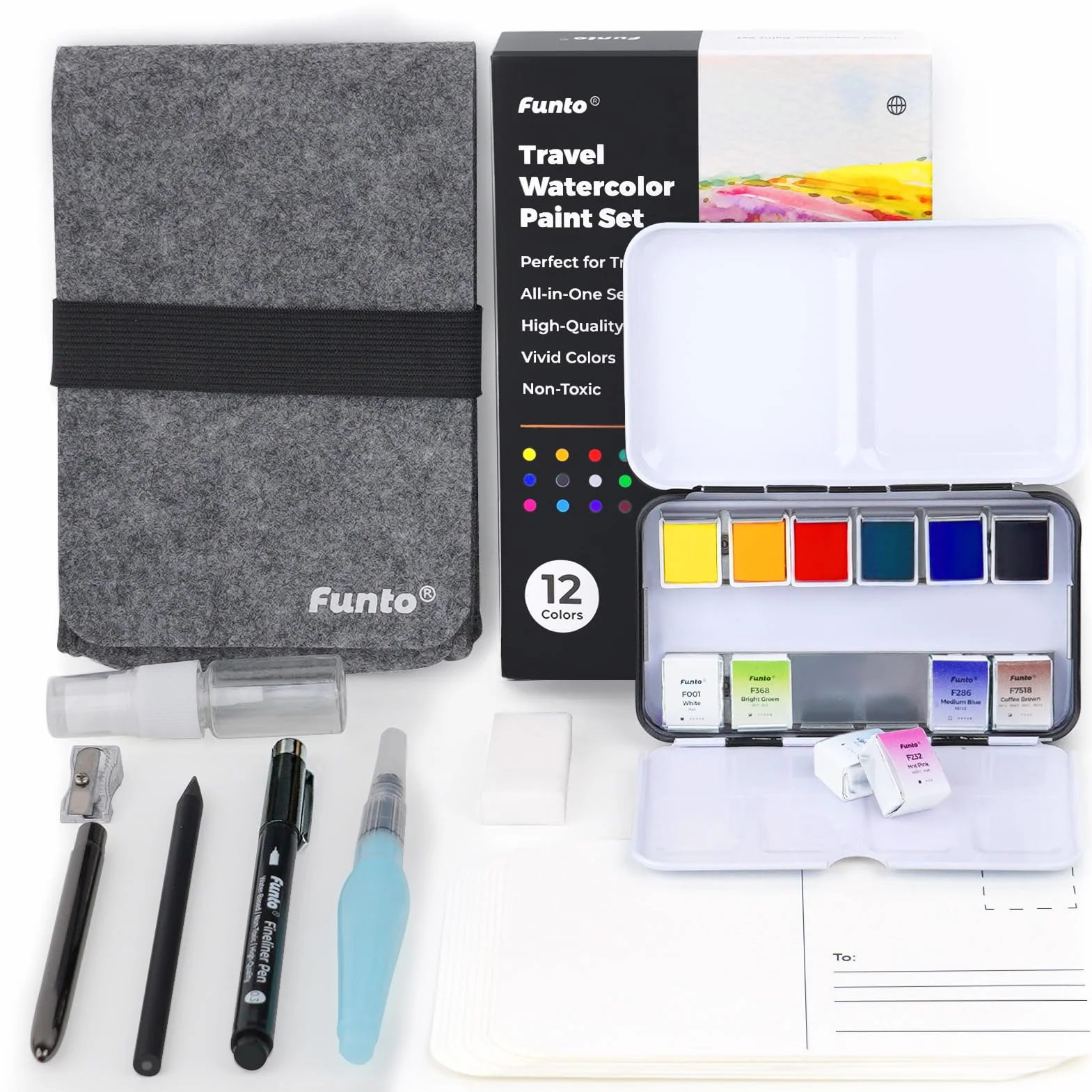 Funto Set da Viaggio Acquerello Premium - 12 Colori, 10 Cartoline, Pennello da Viaggio, Penna Pennello ad Acqua, Fineliner - Set di Pittura per Adulti