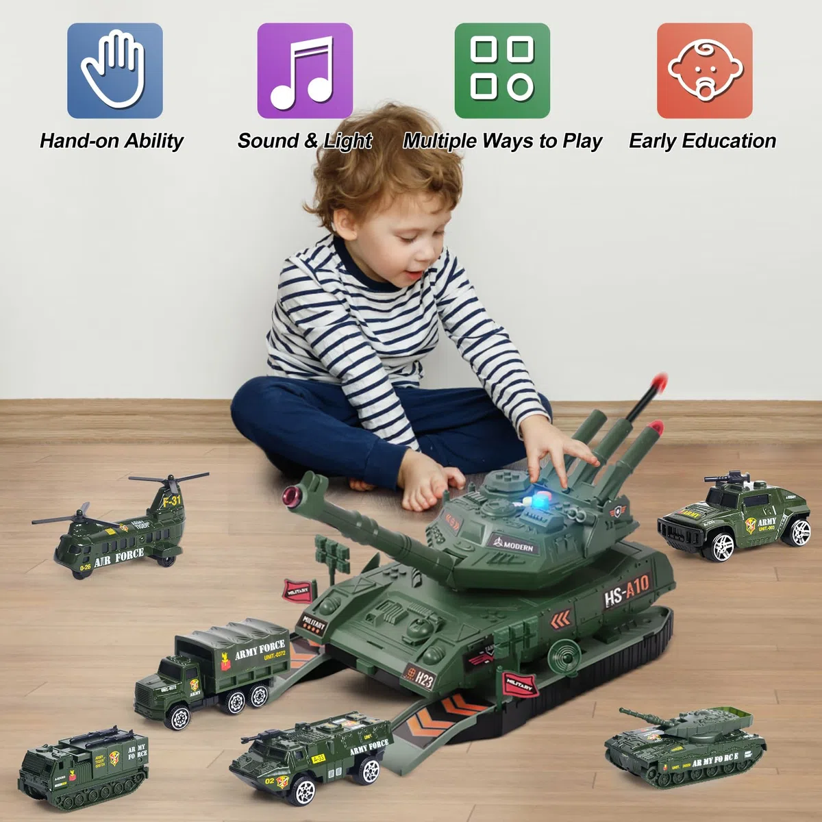 Carro Armato Giocattolo Militare con 6 Veicoli Militari, Carro Armato Giocattolo con Suono e Luce Lanciamissili Veicolo Carro Armato Regalo per Bambini Ragazzi 3 4 5 6 7 Anni (Verde)